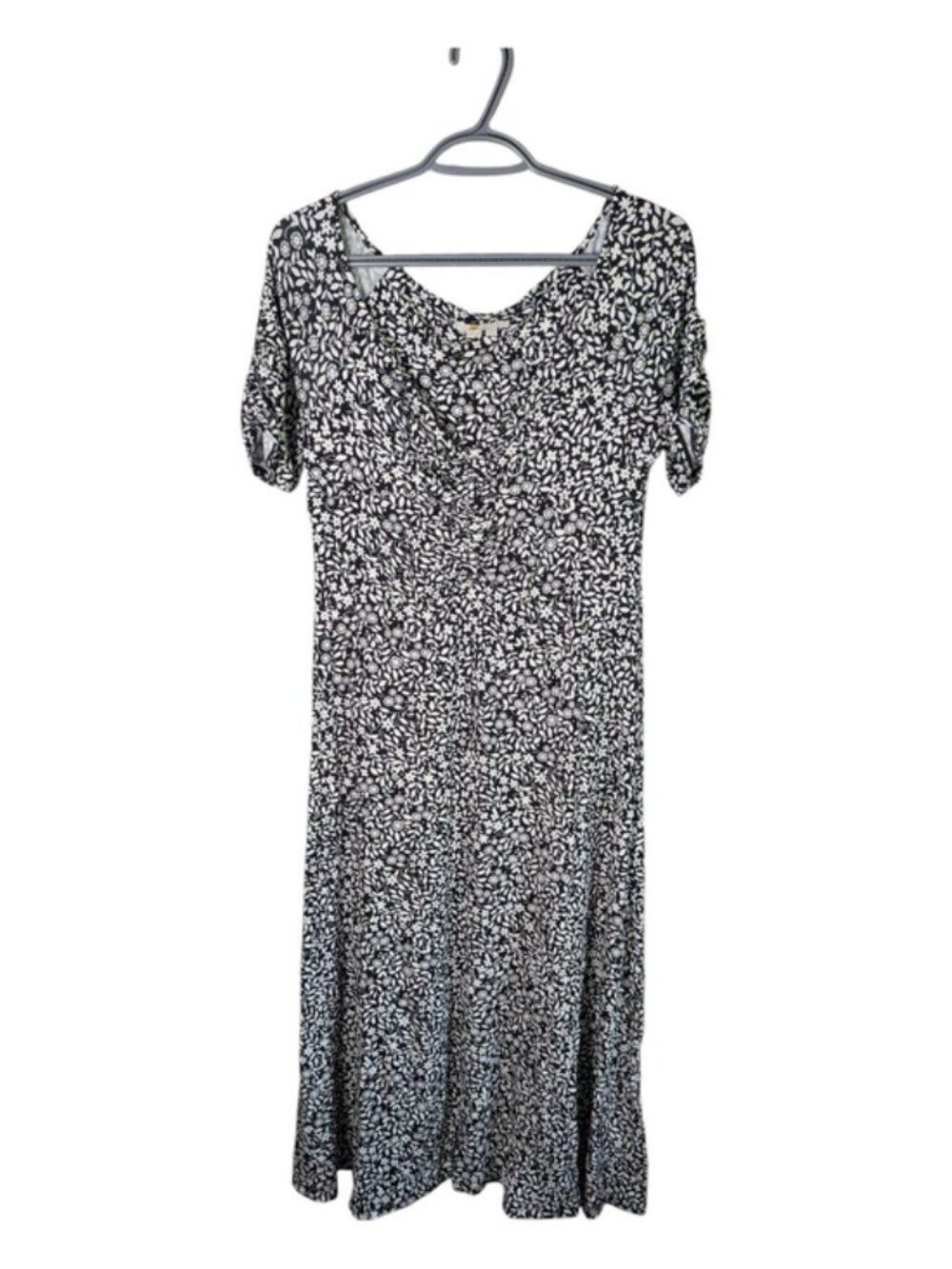 Boden‎ Black/White Floral Jersey Ruched V-neck Midi Dress Size 6